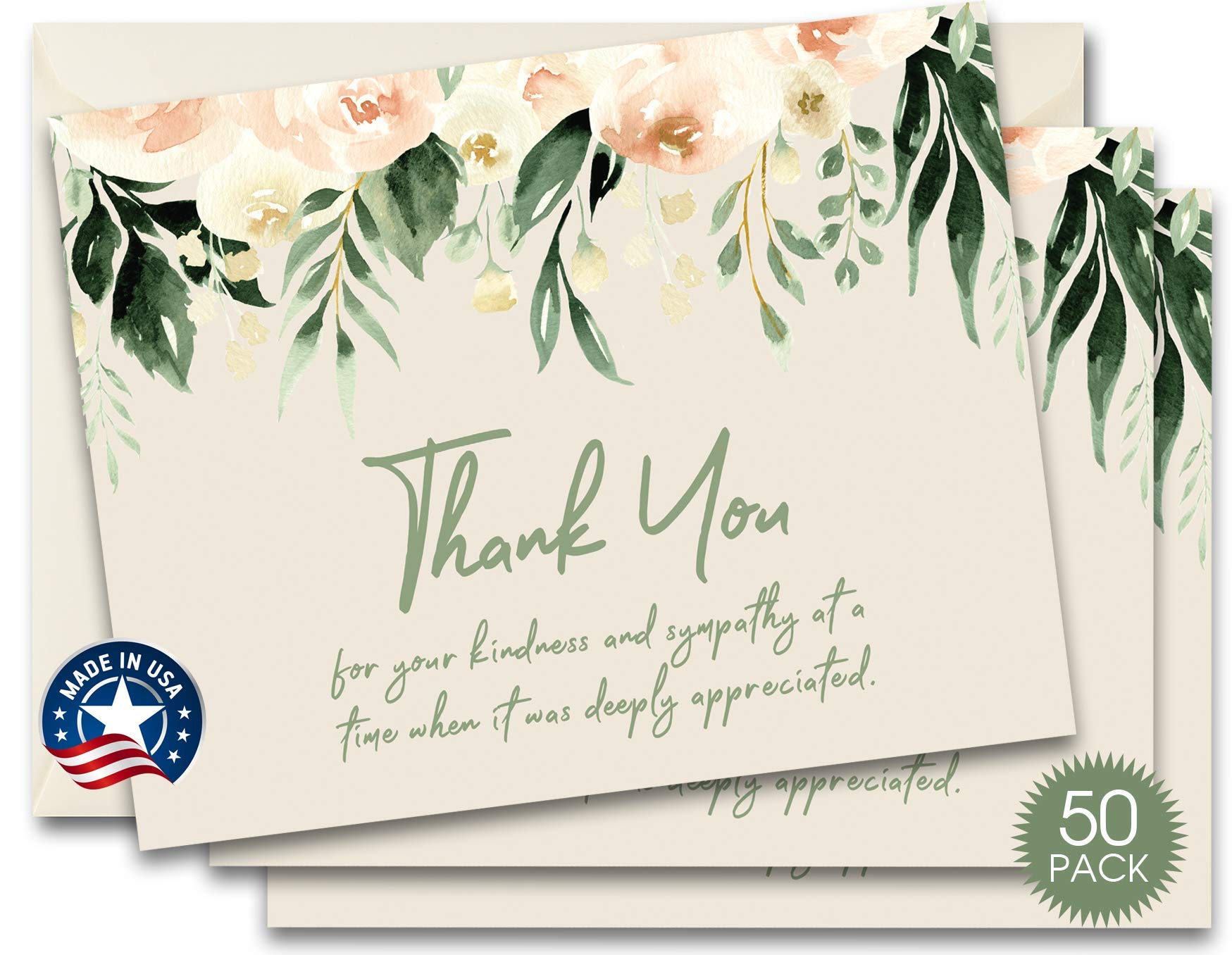MPC Brands Blank Funeral Thank You Cards - Sympathy Bereavement Thank You Cards With Envelopes - Message Inside (50, Sage Floral)