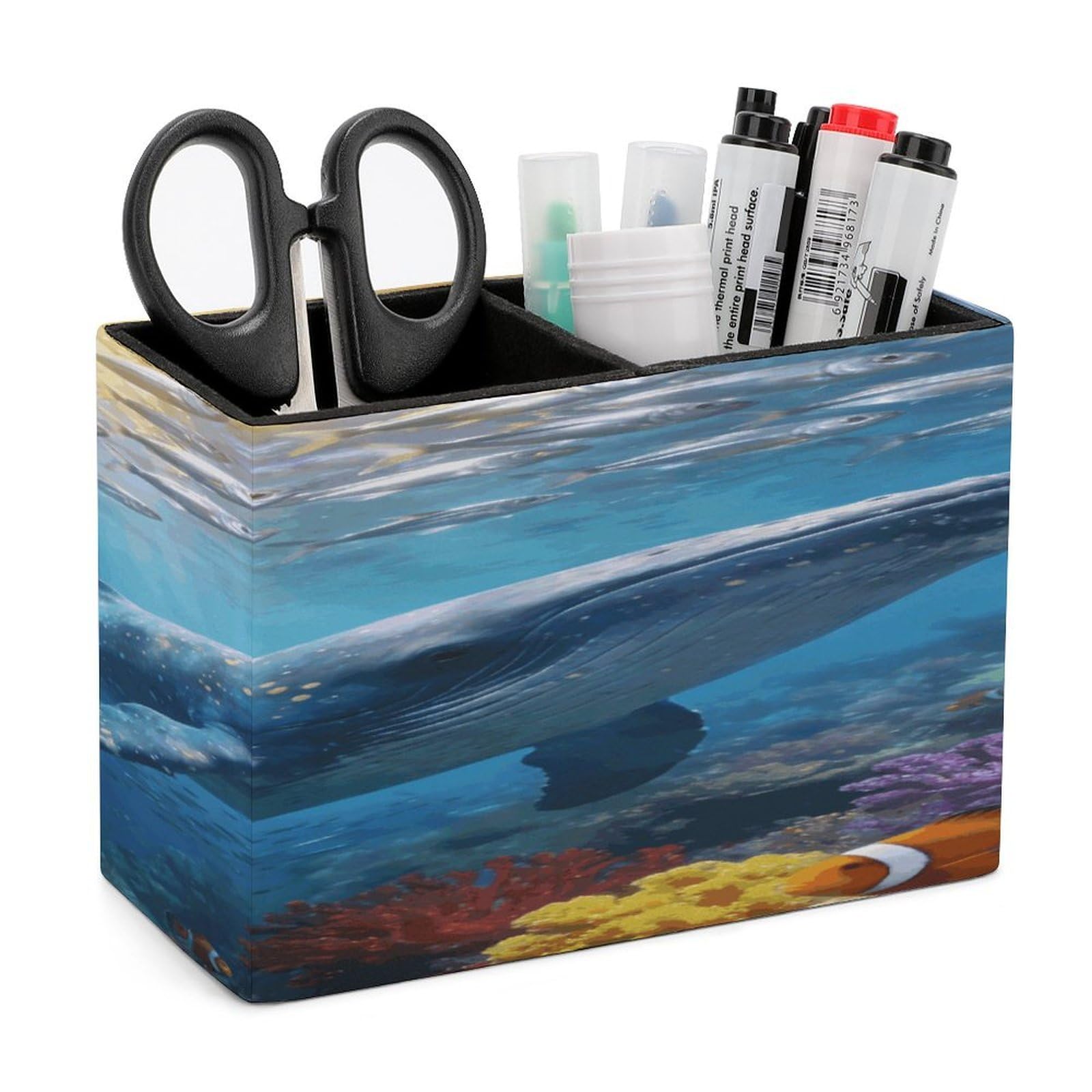 LZQPOEAS Underwater World of The Ocean Pen Holder Double Compartments Pen Cup Makeup Brush Holders Leather Pencil Holder Locker Organizer for Work Locker Accessories Modern Pencil Cup for Desk