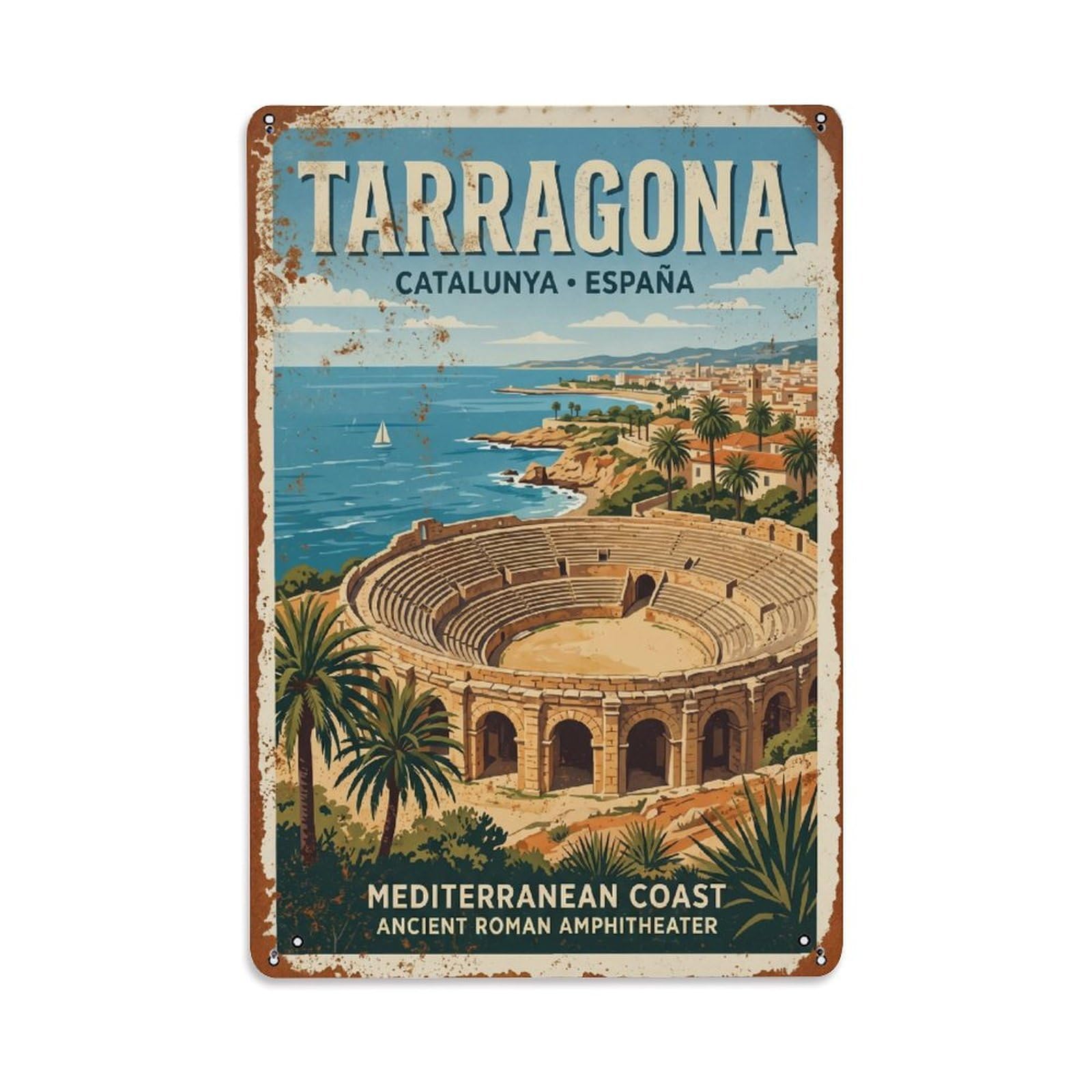 Cmhok Vintage Style Vintage Travel Tarragona Spain Metal Tin Sign Wall Decor For Cafe, Club, Garden Metal Poster 8X12inch
