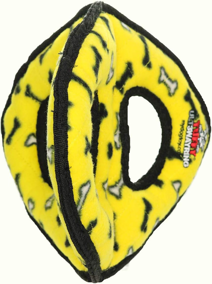 TUFFY- World's Tuffest Soft Dog Toy-Ultimate 3Way Ring -Squeakers -Multiple Layers. Made Durable, Strong & Tough. Interactive Play (Tug, Toss & Fetch). Machine Washable & Floats. (Yellow Bone 2 Pack)