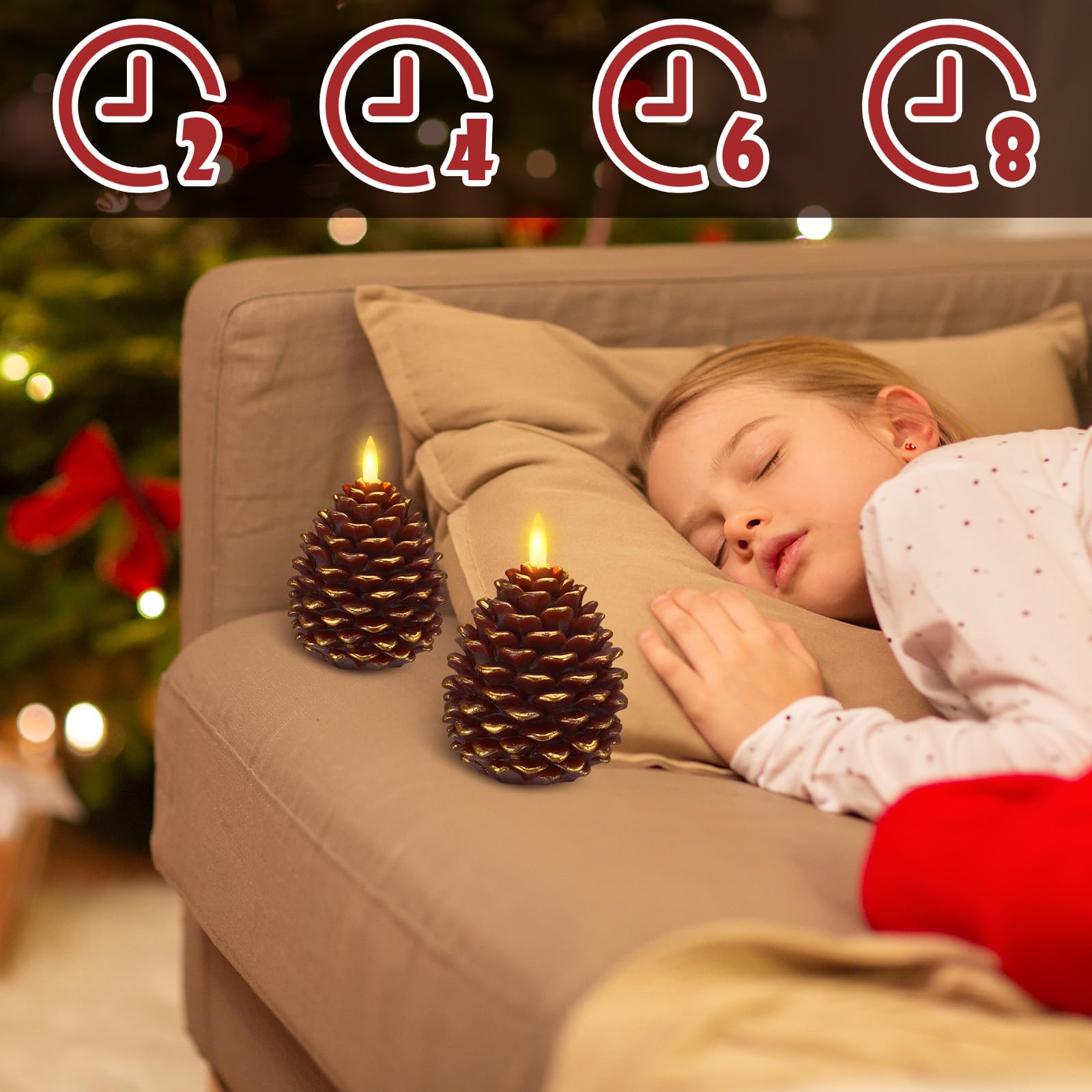 Honoson 6 candele LED senza fiamma a forma di pigna, con timer, funzionamento a batteria, stoppino tremolante, candele natalizie a forma di pigna, per decorazione di interni e festività, marroni