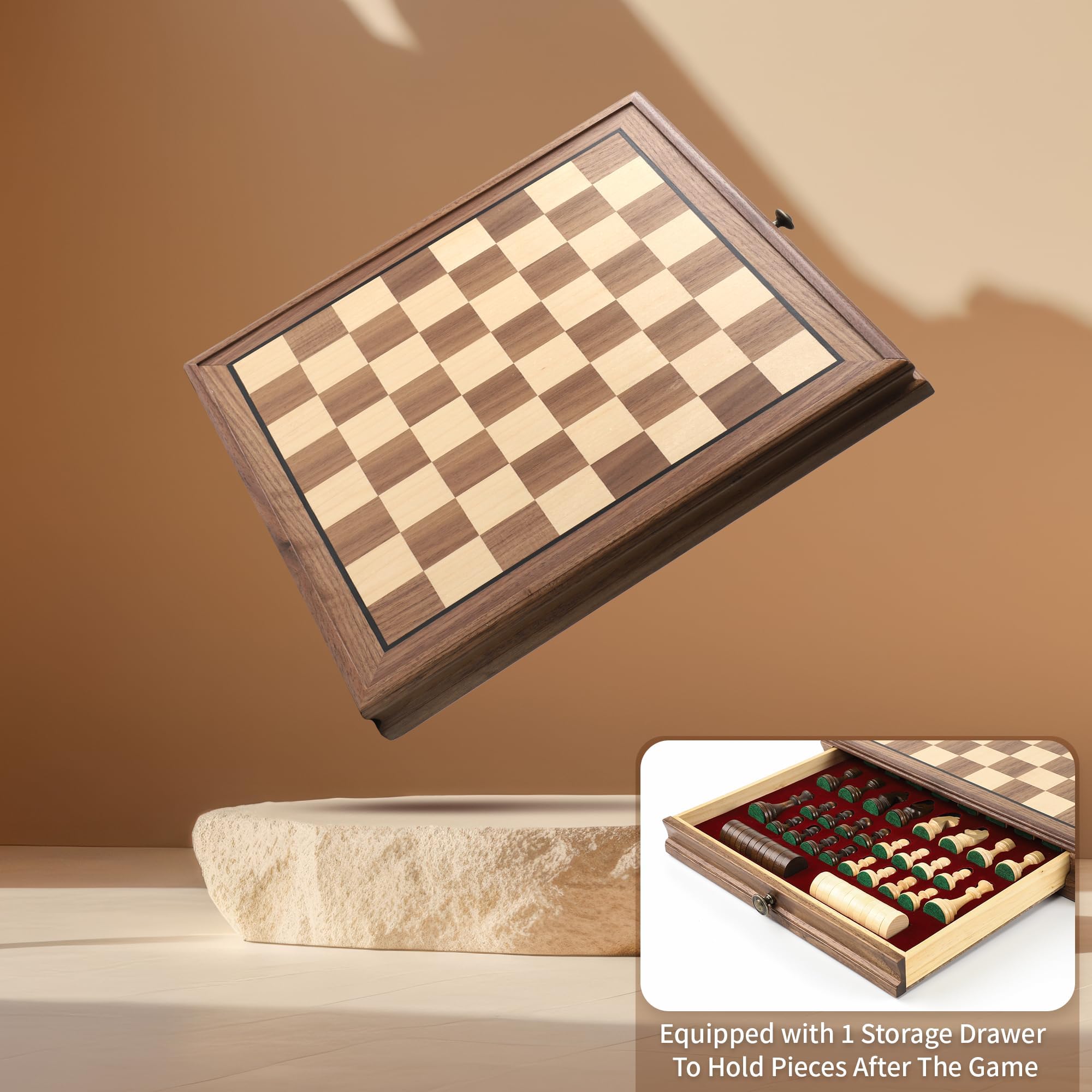 32 cm Magnetisches Schachspiel aus Schwarznuss mit Schublade, 2-in-1 Holz Schach- und Dame-Spiel, mit 2 Extra-Damen, 24 Dame-Steinen, Tragetasche, Reiseschach