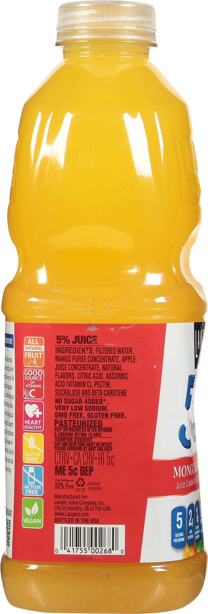 Langers 5 Calorie Variety Pack, Mongo Mango, Pineapple, Cranberry Raspberry, Pomegranate, 64 fl oz (Pack of 4)