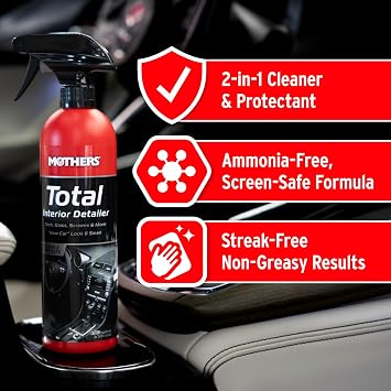 Mothers Total Interior Detailer, 24 oz. (05434) | Cleans & Protects Dash, Glass, Screens, Ammonia-Free Formula Removes Dirt, Oily Film & Fingerprints, No Streaks or Residue