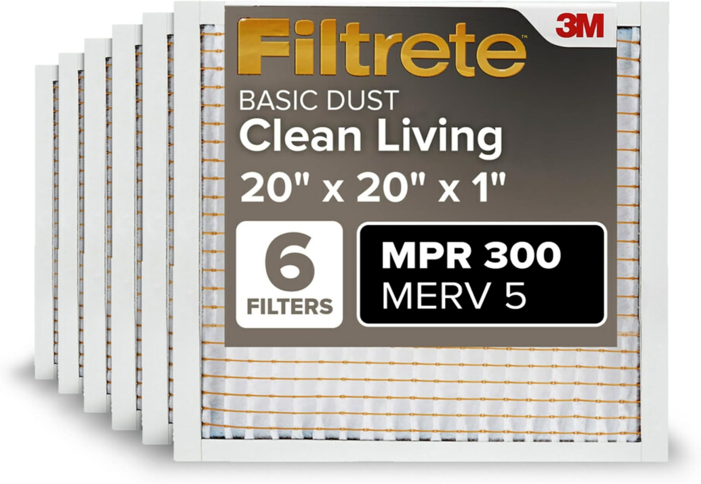 Filtrete 20x20x1 Air Filter MERV 5, 6-Pack AC Furnace HVAC Filters for Home, MPR 300 Basic Dust Defense, Pleated Electrostatic Removes Lint & Dust (Actual Size 19.69x19.69x0.81 in)