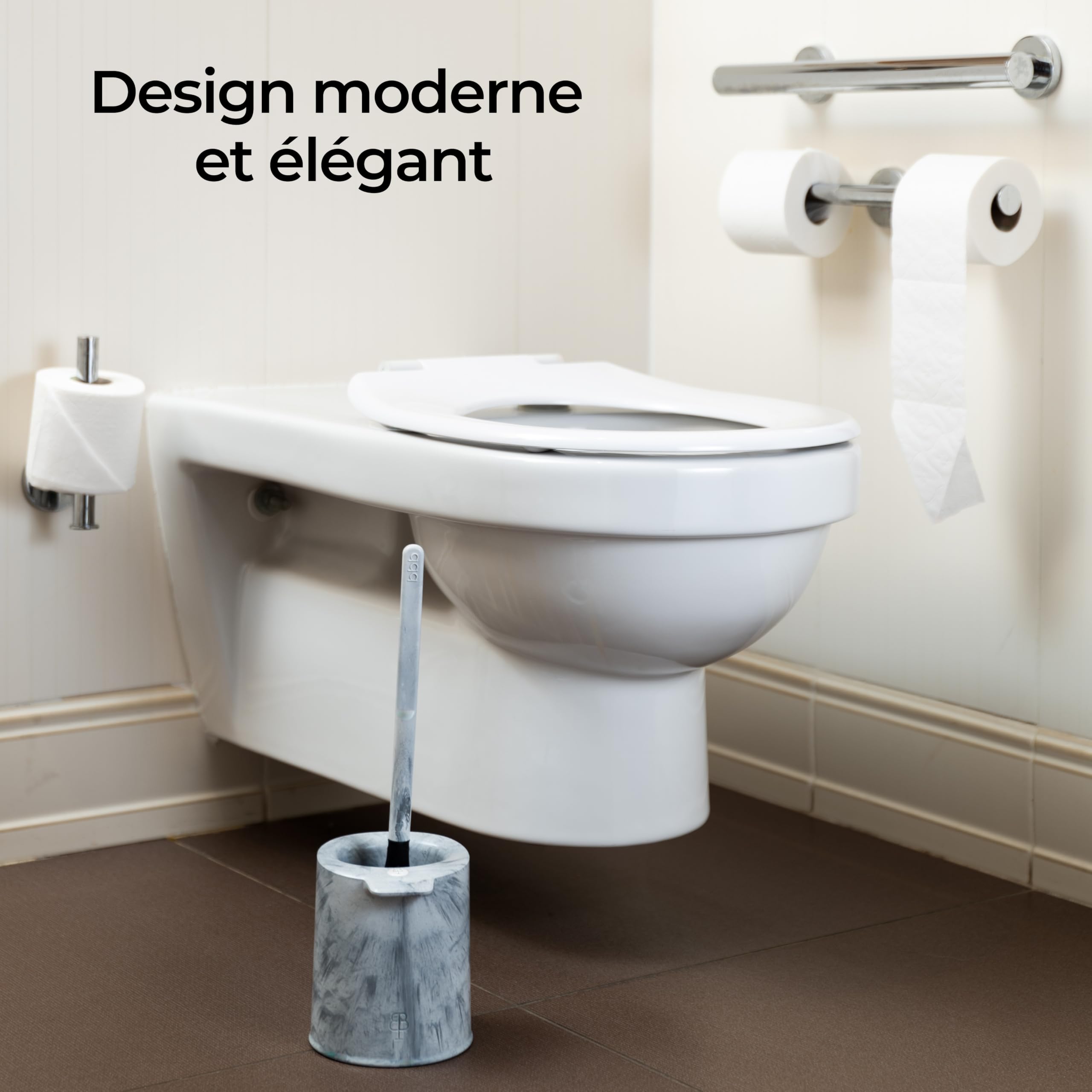Biom Paris – Brosse WC Innovante Hygiénique sans Poils avec Support – Brosse Toilette Anti-Goutte, Antibactérienne - Balai WC Design, Reste Propre – 100% Fabriqué en France