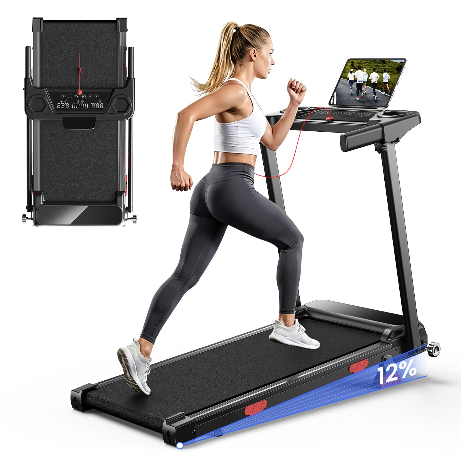HomeFitnessCode Laufband Klappbar mit Steigung 12KMH - Walking Pad Zuhause | Laufpad mit 12 Vorprogrammen Schwarz Treadmill Walkpad Steigung 180KG Gehband unter Schreibtisch Elektrisch Walking Band