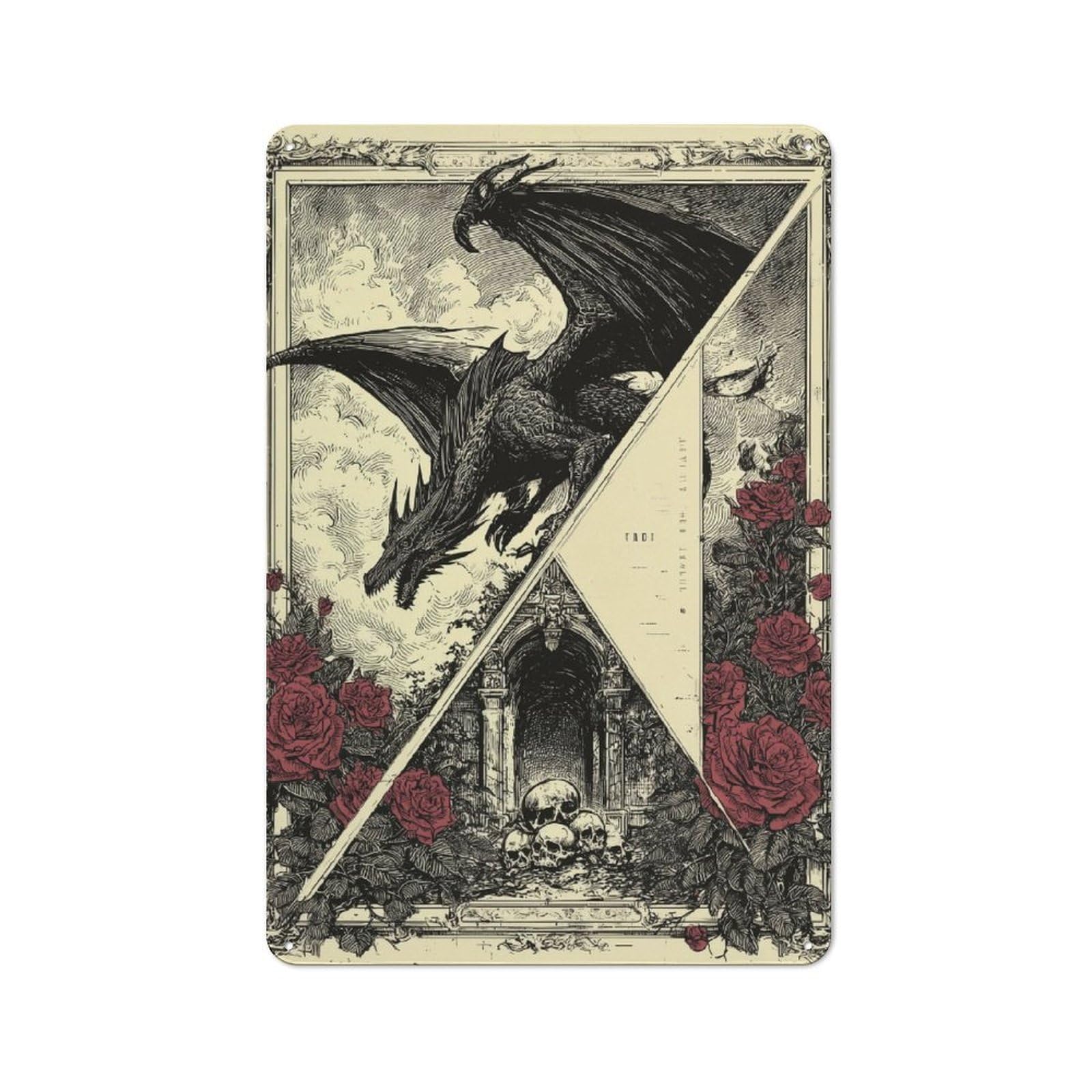 Junmoney Dragon's Dominion Rustic Tin Wall Plaque 30X20cm For Guest Room Or Hallway, For Garage, Workshop And Man Cave Decoration