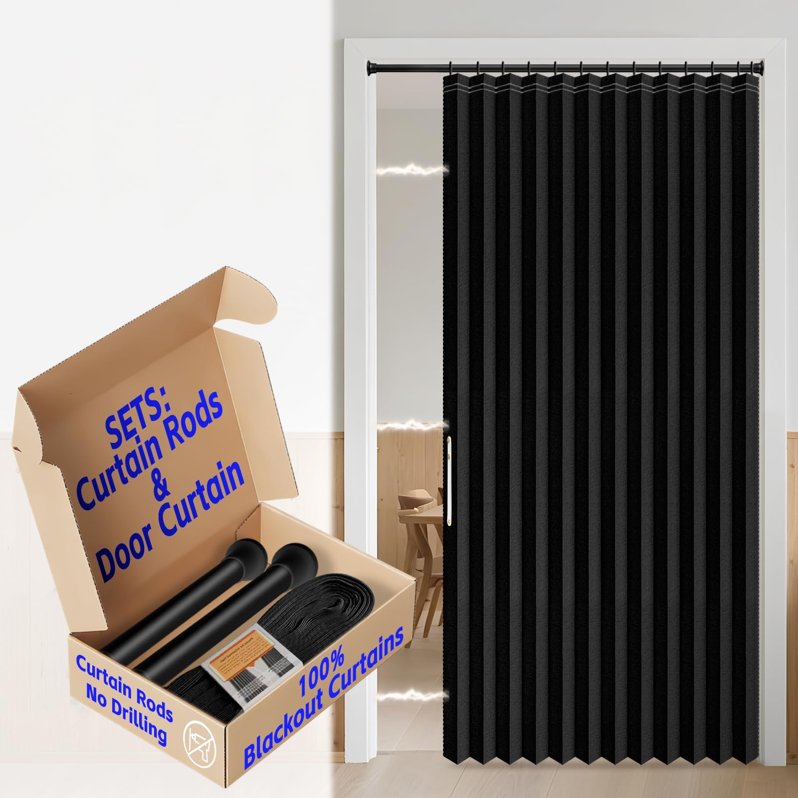 AJAZZ Blackout Magnetic Door Curtain with Curtain Rods Adjustable 28-52" Long Pleated Door Curtain Folding Door Invisible for Bedroom Room Living Room Doorway (1 Pack, 52 W x 78 L, Black)