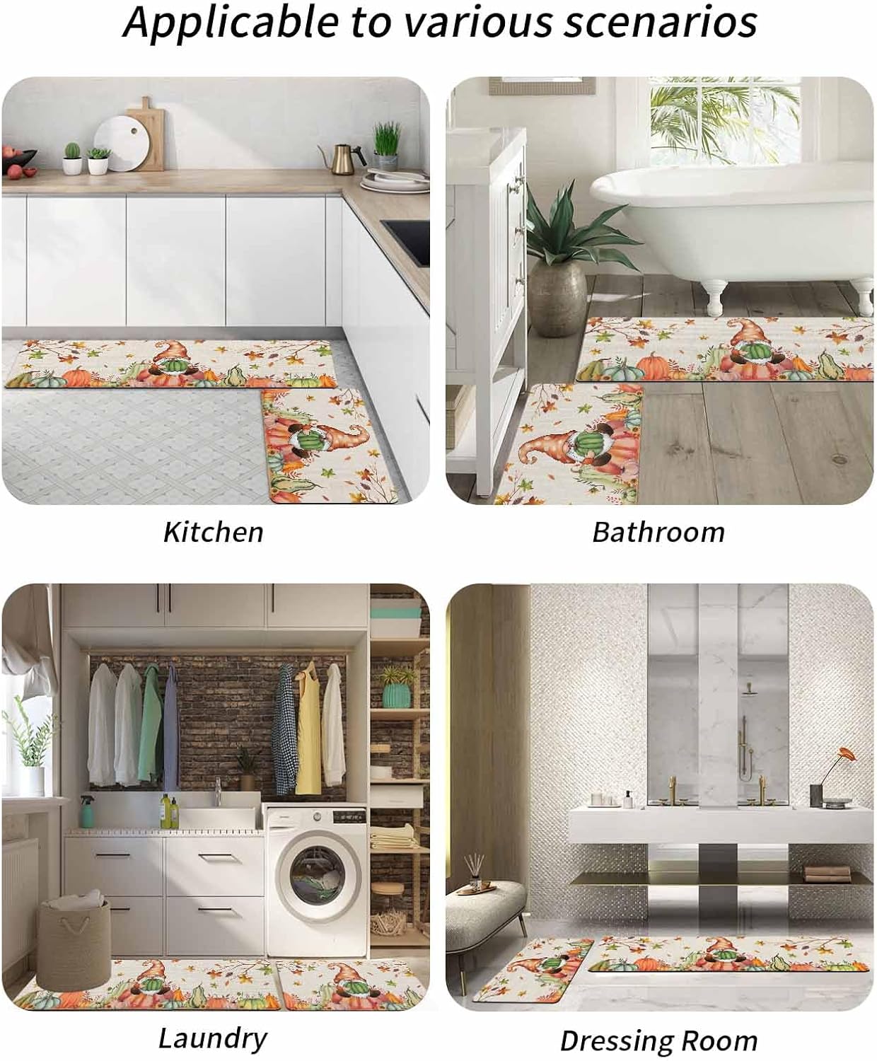 Harvest Festival Bath Mat for Tub,Non Slip Bathroom Floor Runner Rug Quick Dry & Absorbent Diatomaceous Earth Shower Sink Kitchen Doormat,Thanksgiving Fall Boho Gnomes Pumpkin Leaves 20x24+20x48