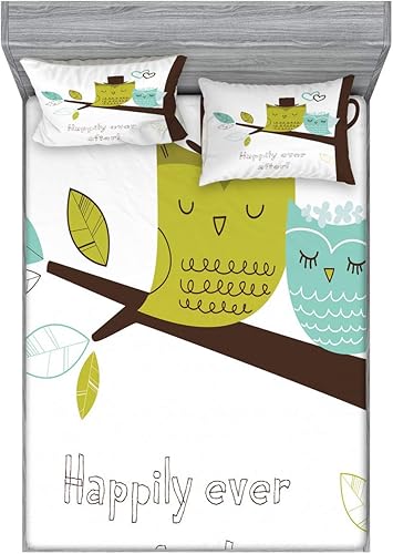 Lunarable Owls Fitted Sheet & Pillow Sham Set, 2 Owls on Tree Branch Happily Ever After Message Romantic Art, Decorative Printed 3 Piece Bedding