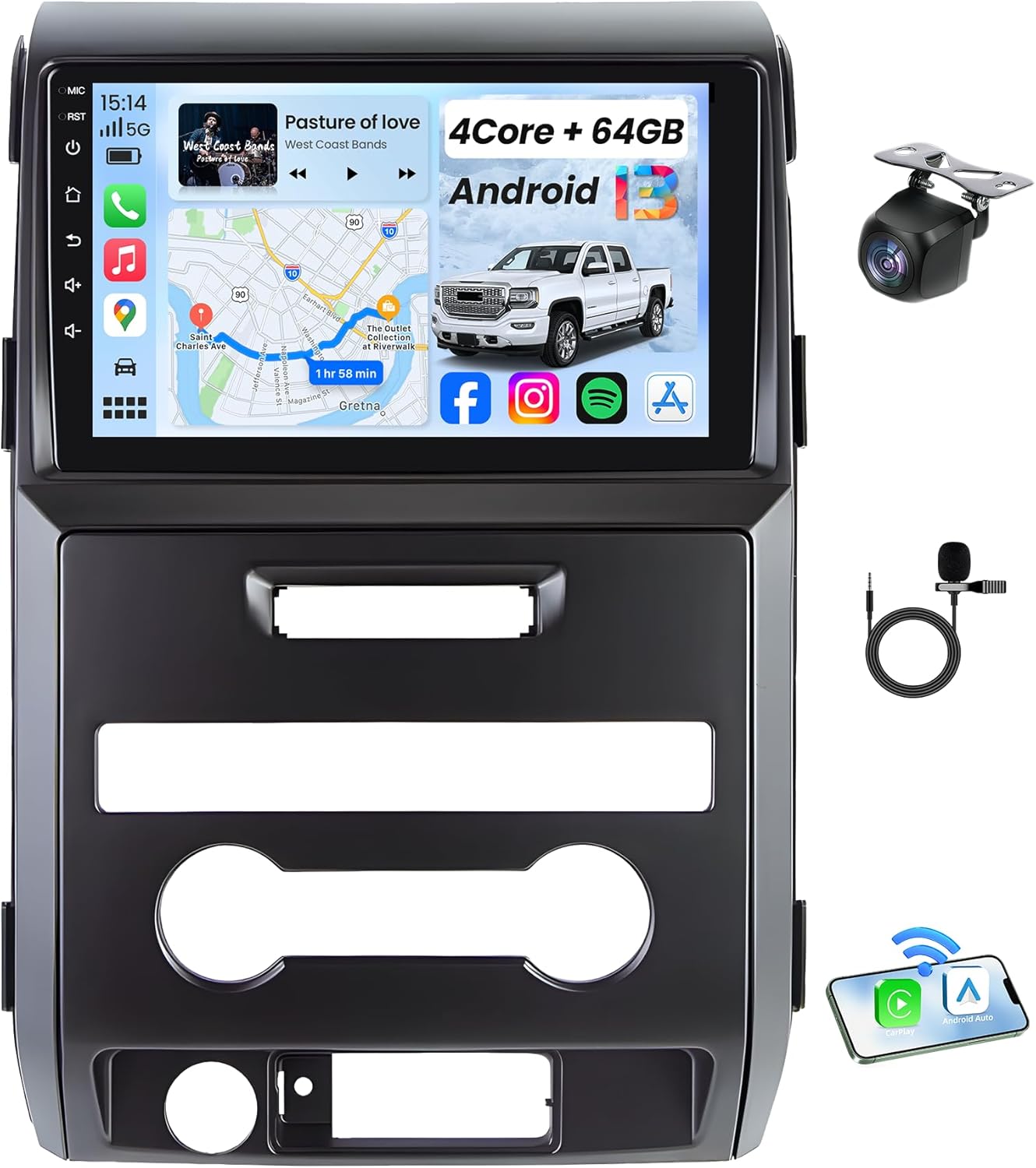 Car Radio for Ford F150 2009-2014: [4Core 64G ROM] 9 inch HD Touchscreen Stereo with Wireless CarPlay Android Auto GPS 5G WiFi FM RDS DSP SWC Mirror Link, Free Backup Camera (Only fit Manual AC)