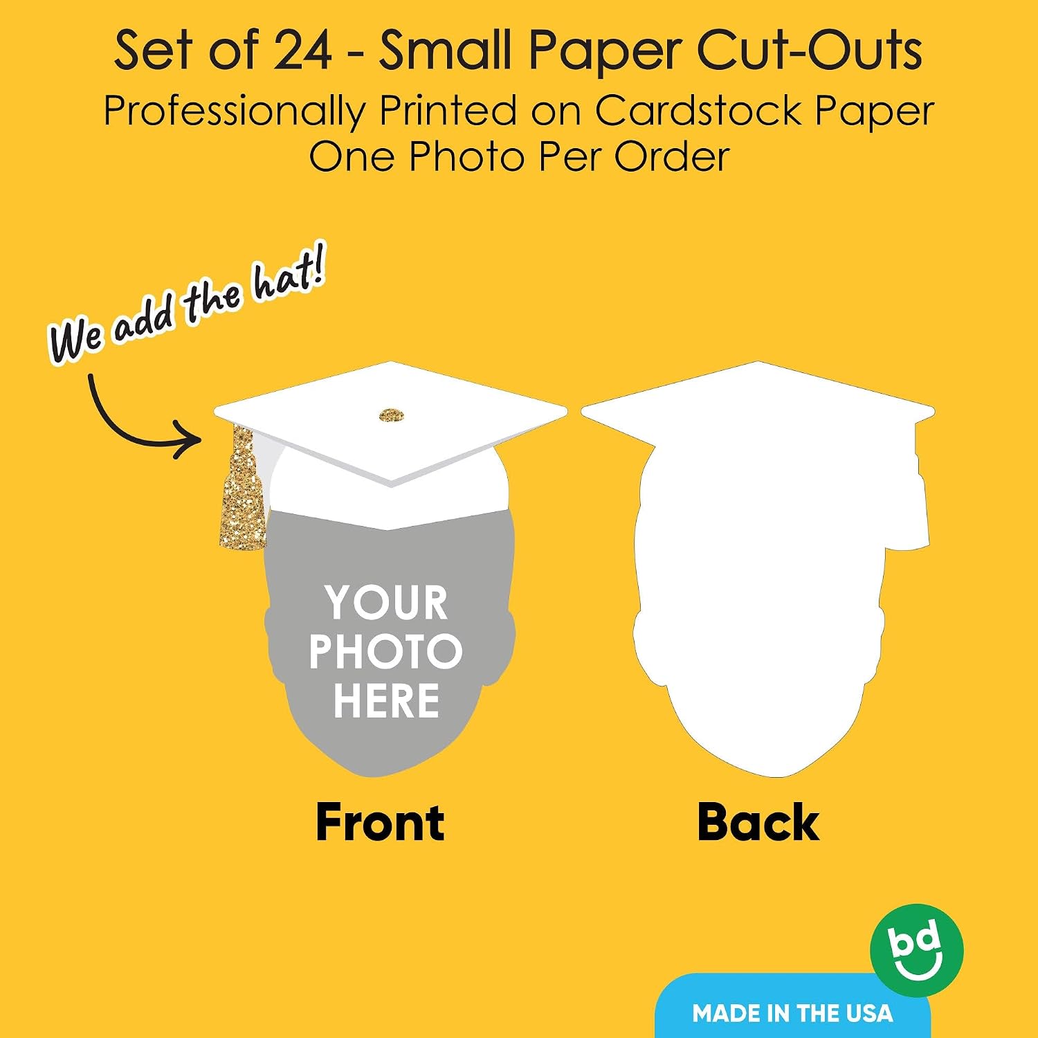 Big Dot of Happiness White and Gold Grad Cap Custom Fun Face Cutouts, Personalized DIY Grad Party Decoration Confetti, Small Photo Head Cut-Outs - Upload 1 Photo - 24 Count