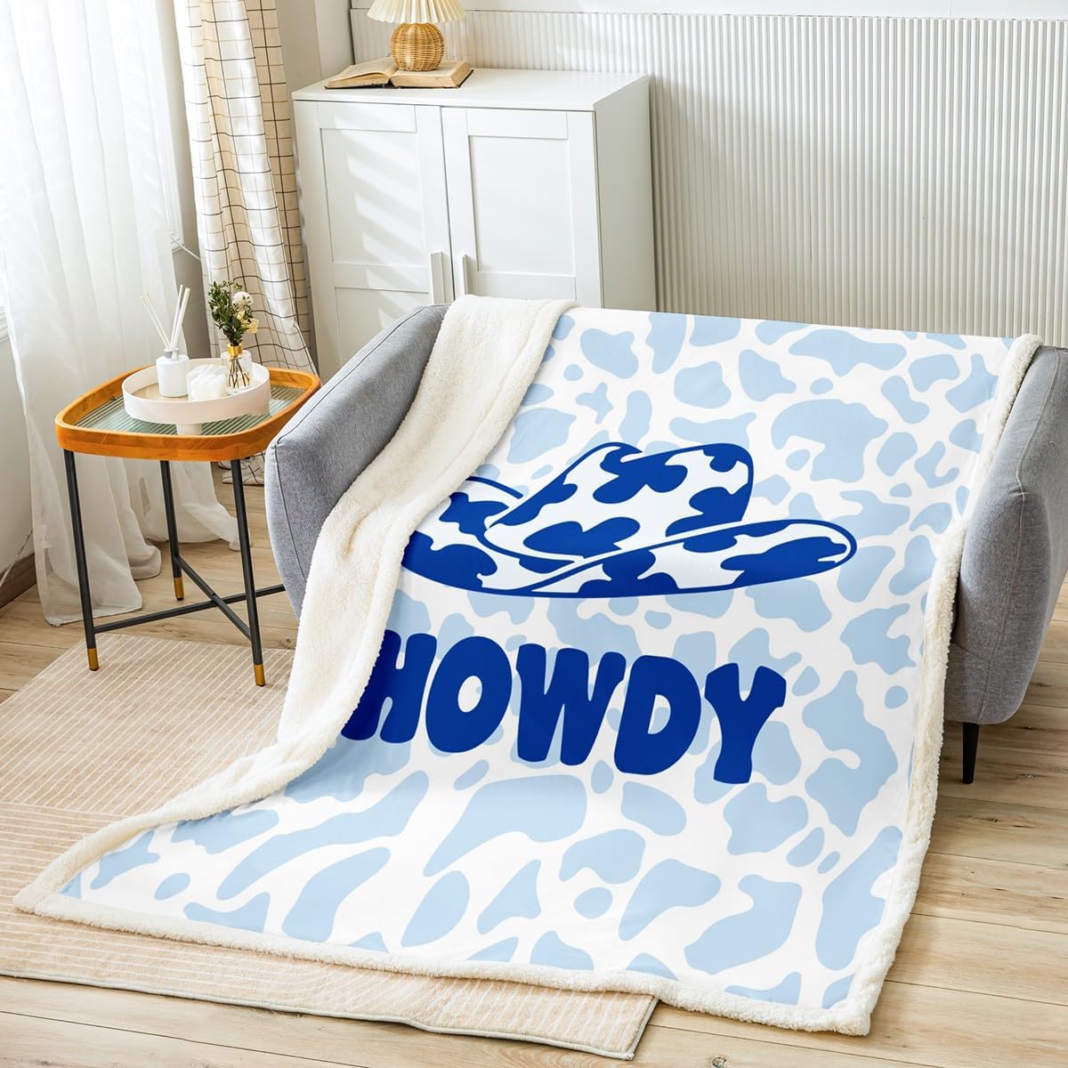 Cow Print Fleece Throw Blanket Kids Blue White Plush Blanket for Bed Sofa Couch Boys West Cowgirl Sherpa Blanket Breathable Western Hat Printed Fuzzy Blanket Twin 60"x80"