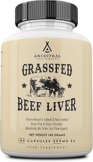 Ancestral Supplements Grass Fed Beef Liver Capsules, Supports Energy Production, Detoxification, Digestion, Immunity and Full Body Wellness, Non-GMO, Freeze Dried Liver Health Supplement, 180 Capsules