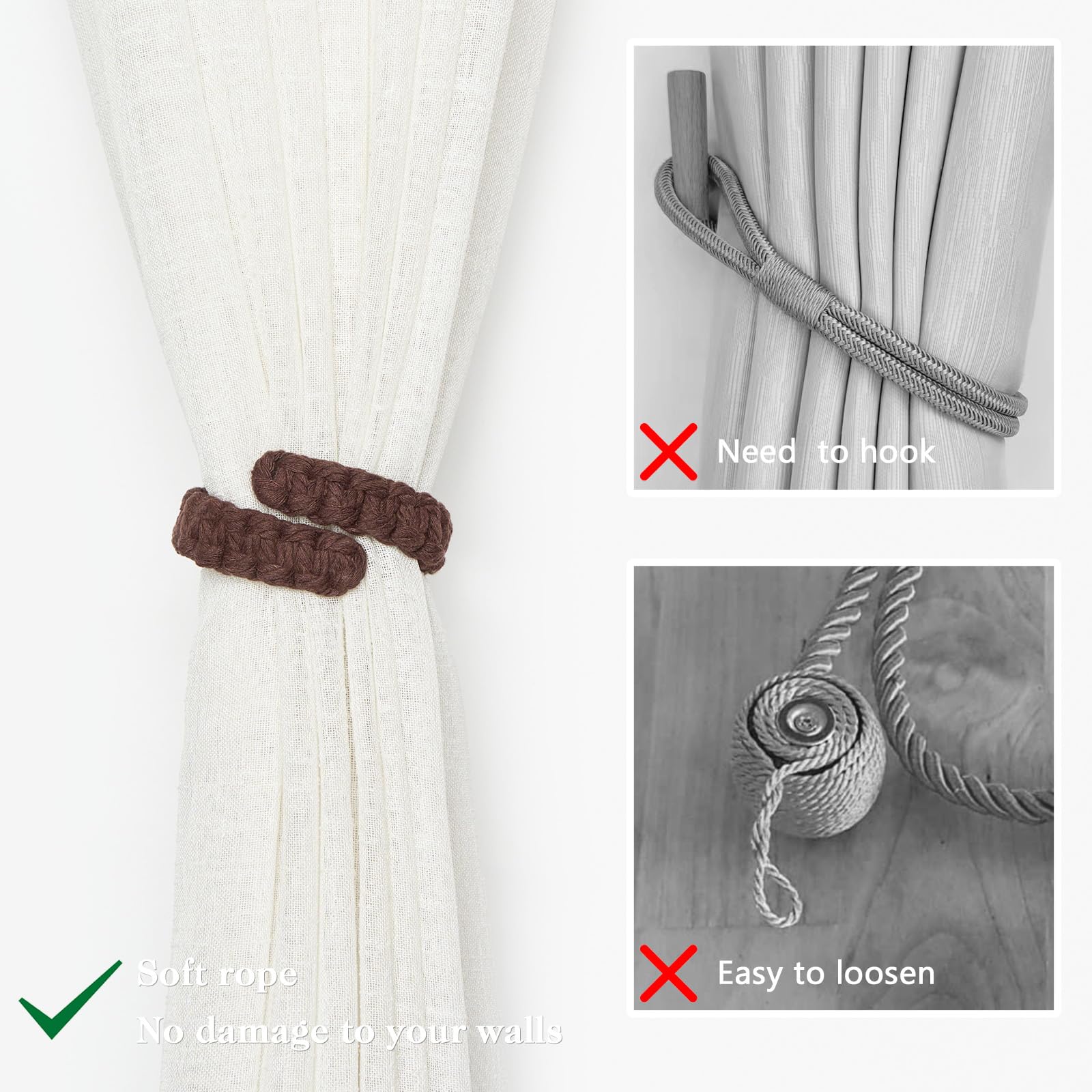 Pretty Jolly 2 Pack Natural Cotton Rope Curtain Tiebacks Farmhouse Rustic Style Decorative Drape Tie Backs Handmade Braided Curtain Holdbacks for Home Sheer/Light Weight Drapery (C-Coffee-S) - Image 2