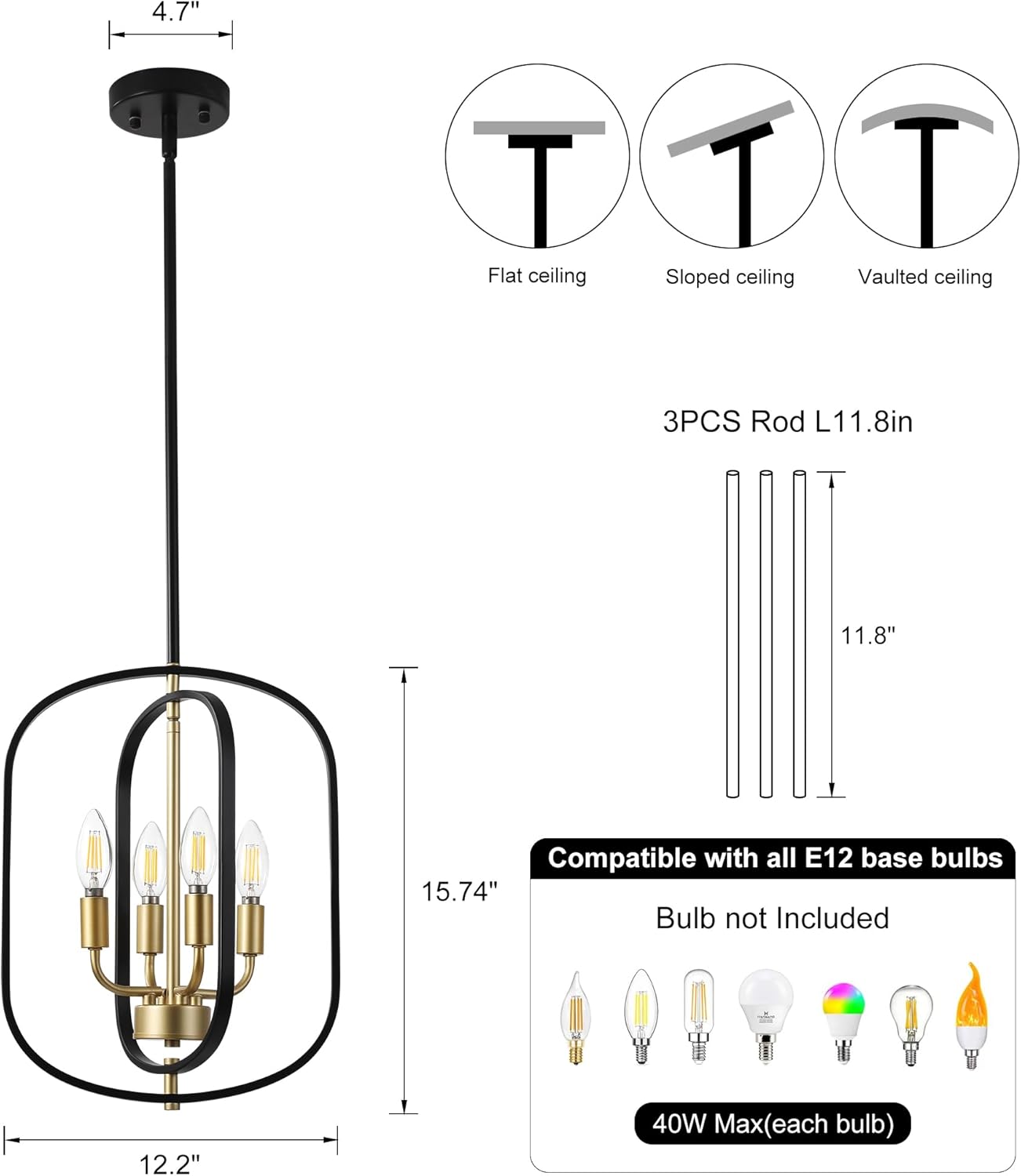 Modern Black and Gold Chandelier for Entryway, 4-Light Small Geometric Dining Room Light Fixture Over Table,Industrial Metal Hanging Pendant Lights for Kitchen Island, Staircase,Foyer