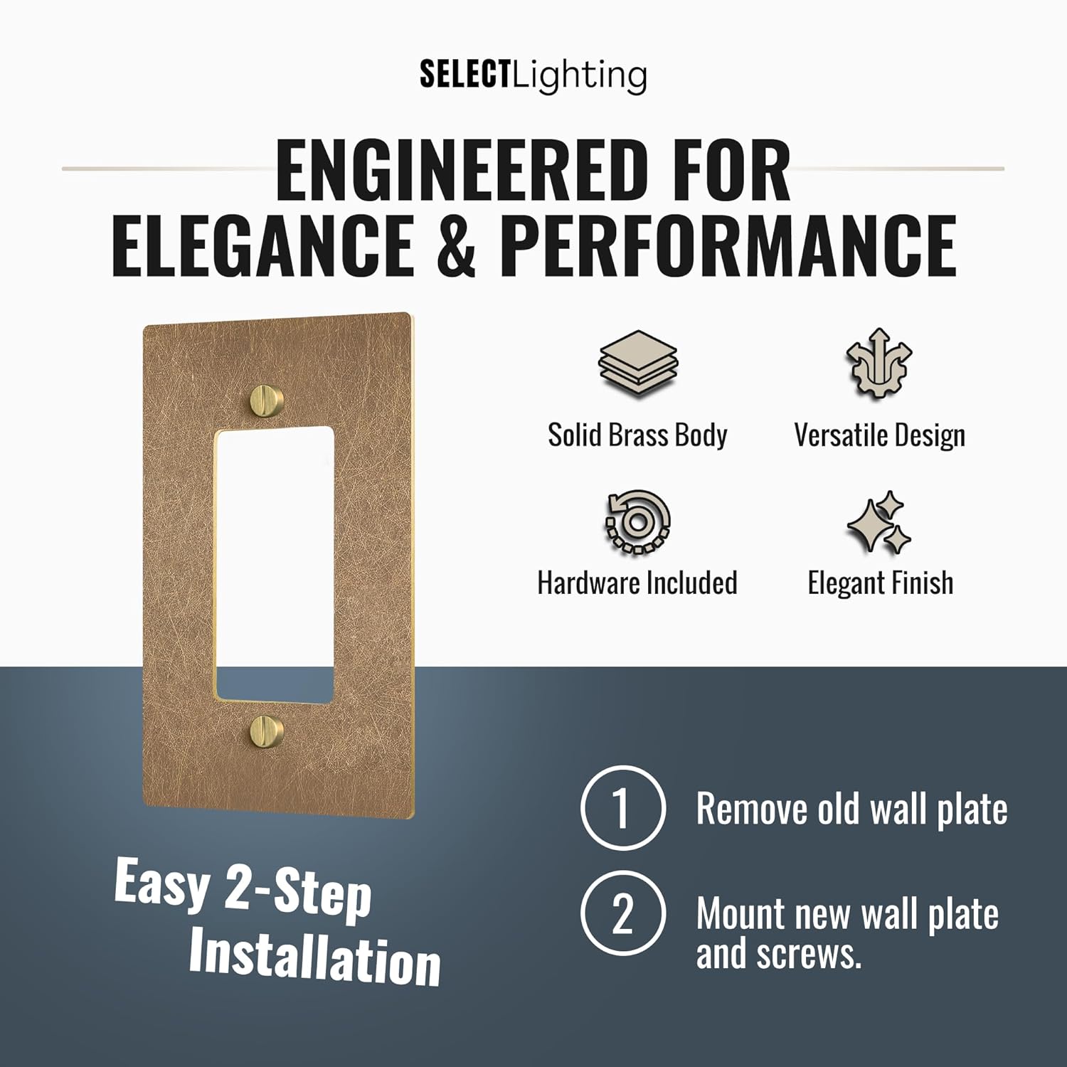 SELECT 1-Gang Solid Brass Wall Plate Cover, Vintage Brass Finish, Electrical Receptacle Outlet Faceplate, GFI/Rocker Decorator Light Switch Cover
