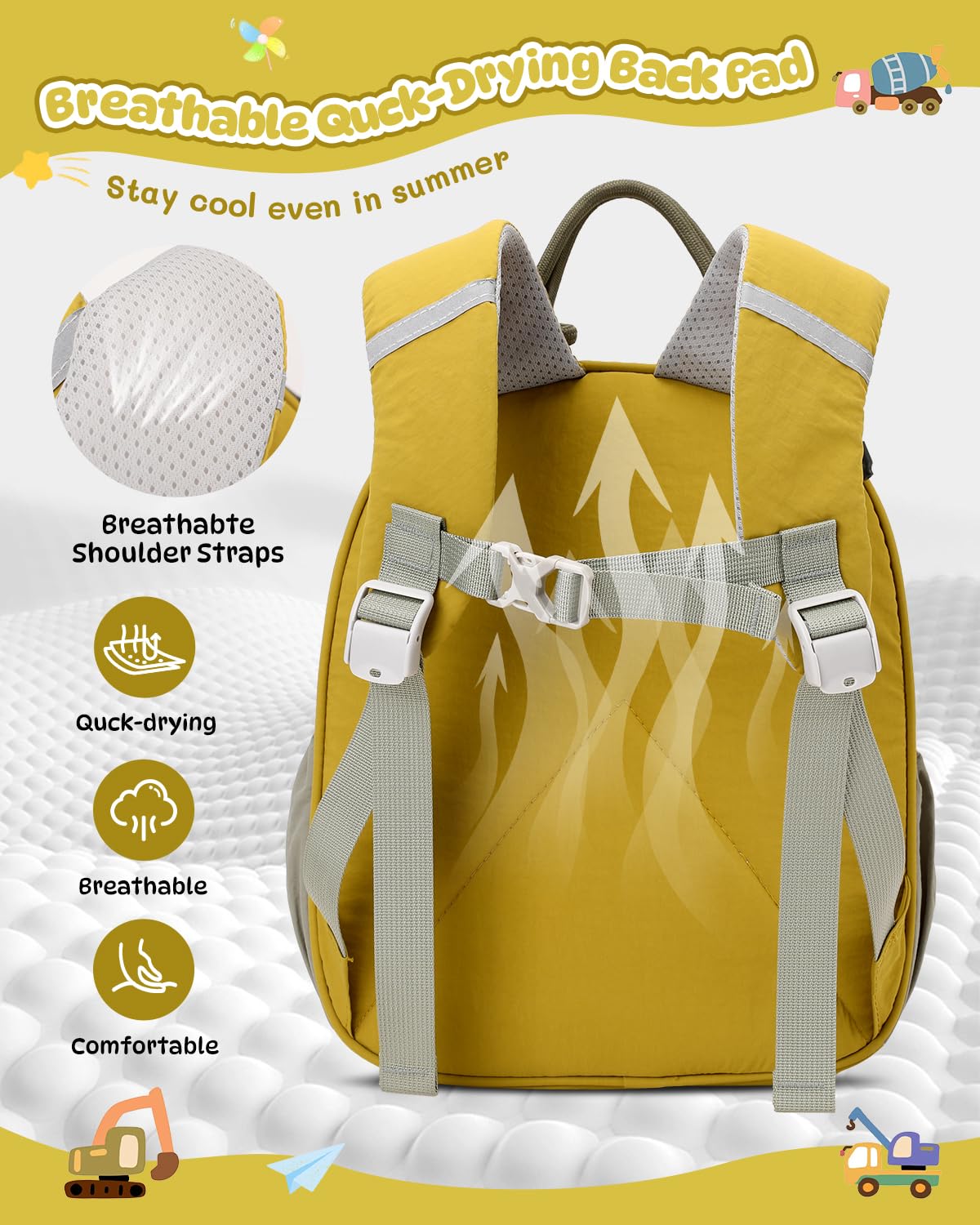 PROTAURI Mochila Infantil con Correa Pectoral Reflectante, Mochila Guardería Niño Ligera e Impermeable, Mochila Bebé Guardería con Motivo 3D Excavadora para 2-5 Años, 9.6L, Verde