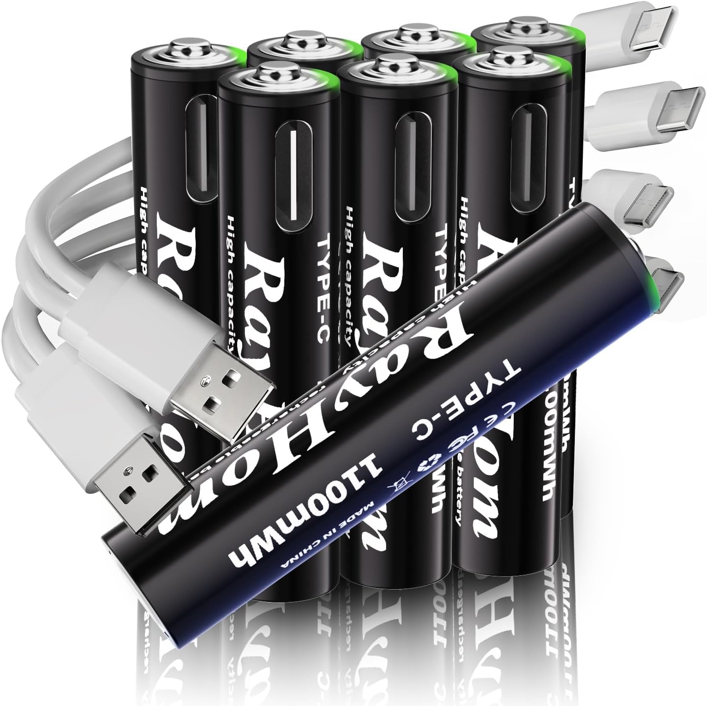 USB Rechargeable Lithium Batteries AAA - 8-Pack Triple A Batteries, Rechargeable AAA Li-ion Battery with 2 USB-C 2-in-1 Charging Cable, 1.5V 1100mWh, Charges 1.5 Hours