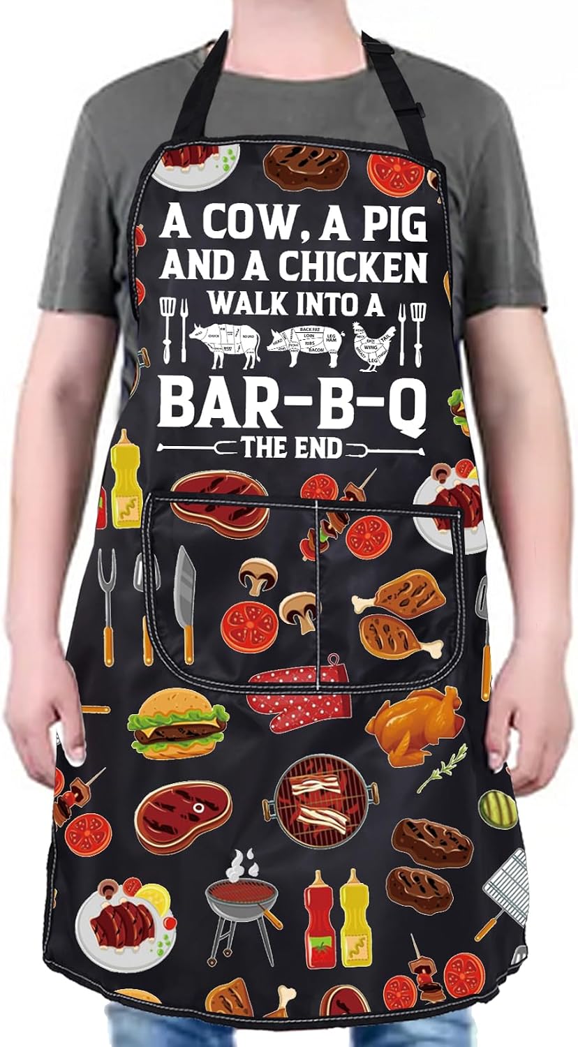 PXTIDY Funny BBQ Apron A Pig And A Chicken and Cow Walk Into A Bar B Q The End Novelty Grilling Apron Pig BBQ Lover Gifts