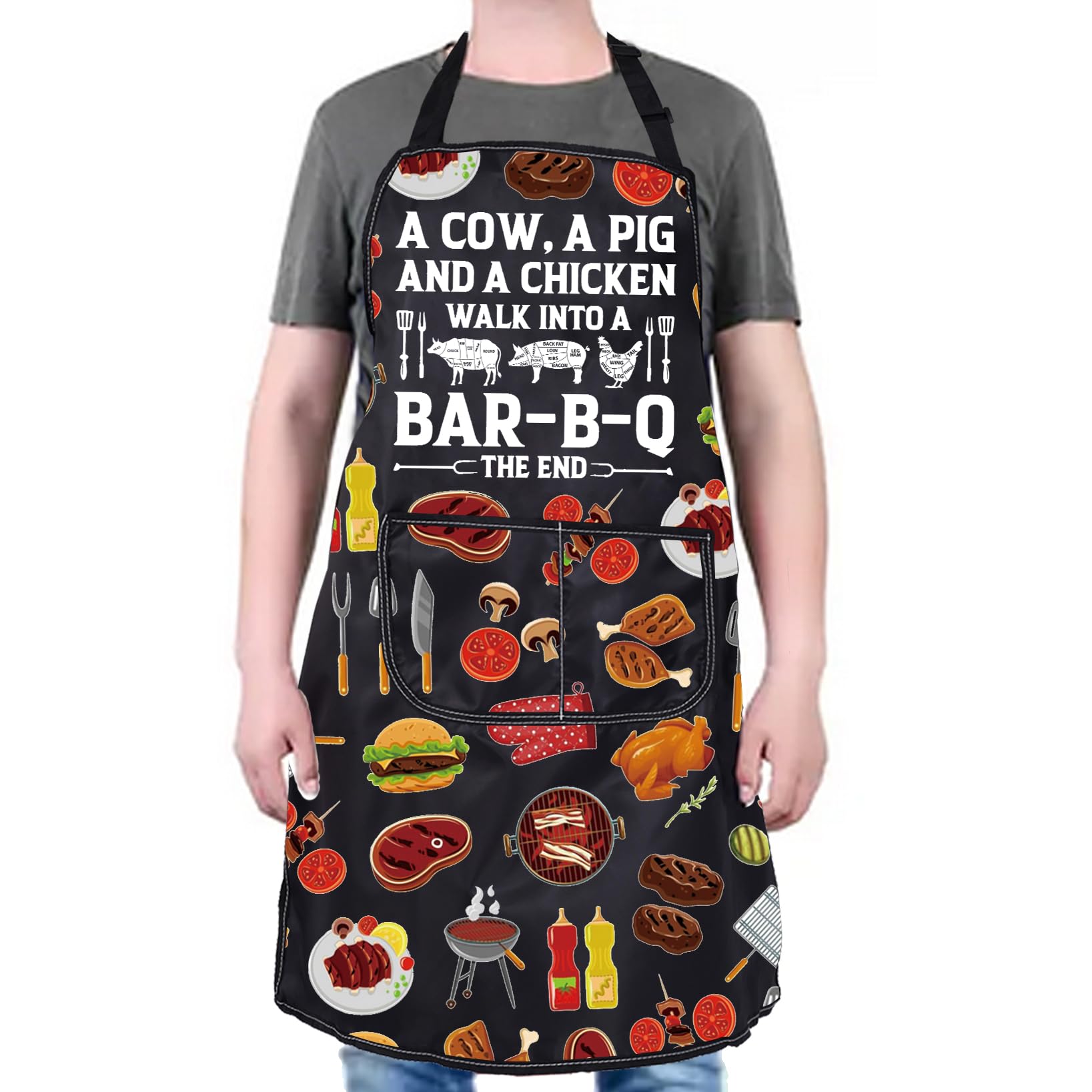 PXTIDY Funny BBQ Apron A Cow A Pig And A Chicken Walk Into A Bar BBQ Grilling Apron Humorous Farm Animal Grill Master Gift