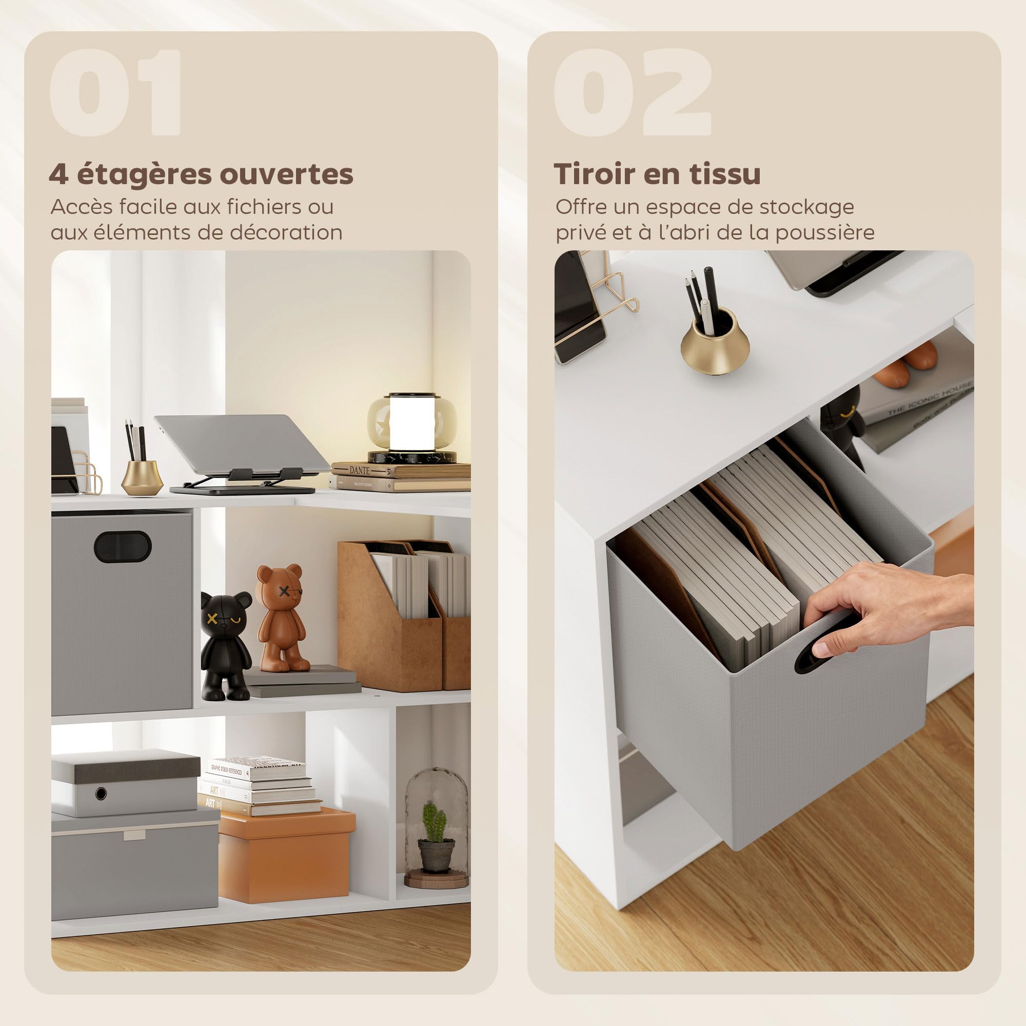 HOMCOM Bureau d'angle Forme L avec Tiroir en Tissu 110 x 100 x 75 cm Blanc