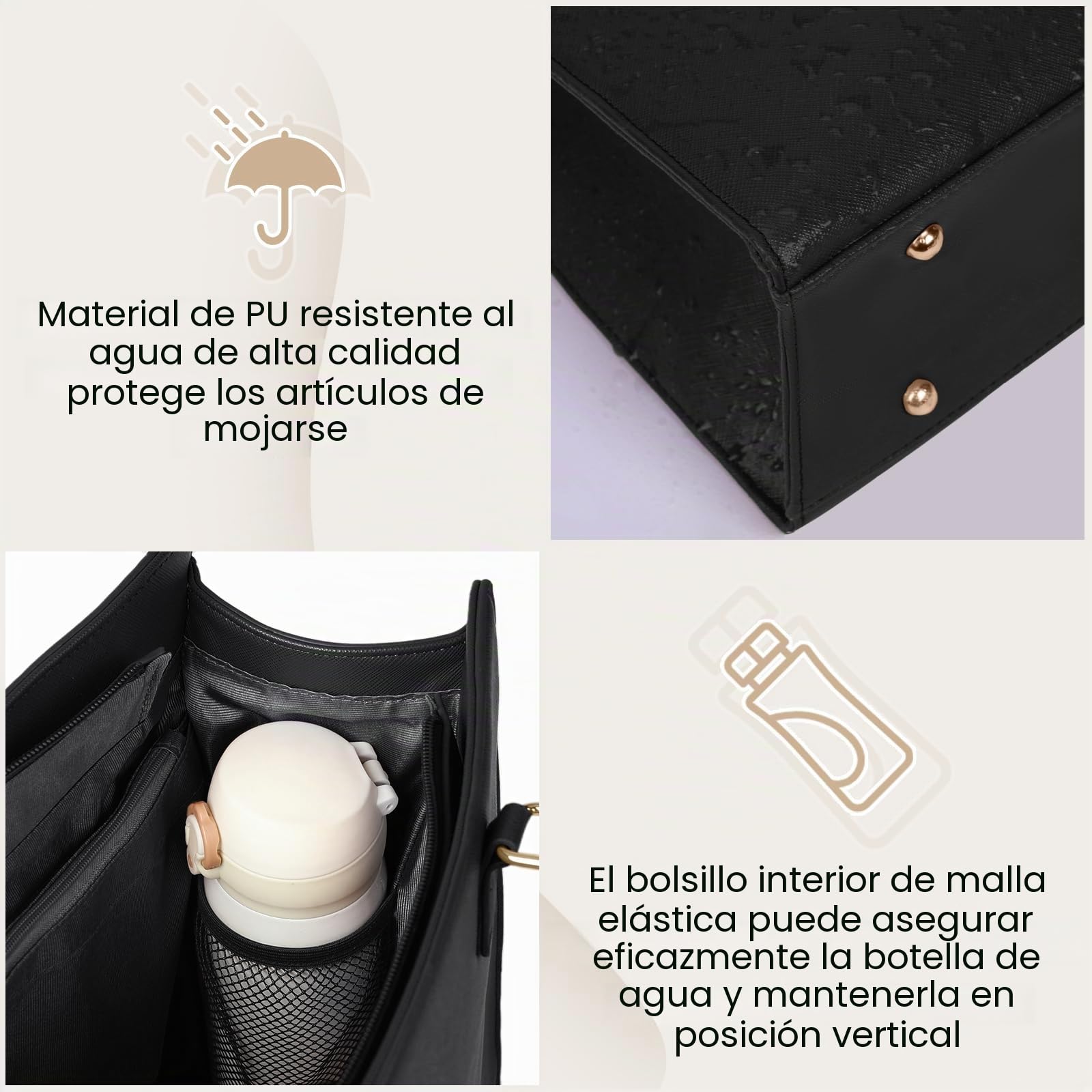 RAINSMORE Bolso Grande Mujer Cuero PU Shopper Impermeable Portatil Ordenador 15.6 Pulgadas Tote 2 Piezas para Universidad Oficina Trabajo Negro