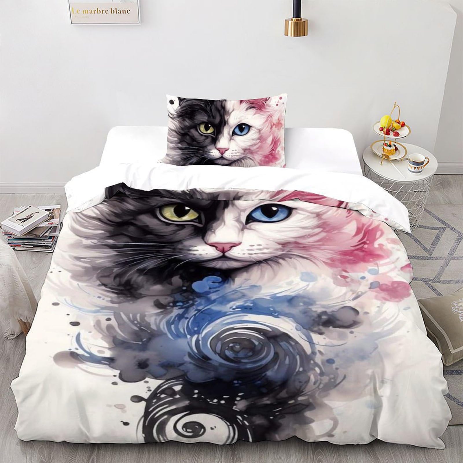 Chat Yin et Yang housse de couette 135x200 pour chambre adulte ambiance zen moderne