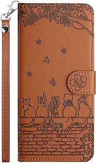 FALUWONRU Funda tipo cartera para Samsung Galaxy A35 5G, diseño de valla, gatos, mariposa, flor, piel sintética, con ranuras para tarjetas, funda protectora magnética con soporte, color marrón
