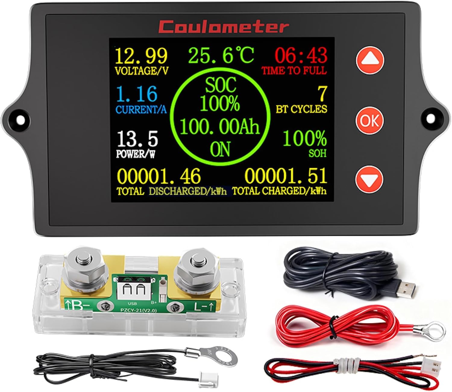 RQG New 500A Battery Monitor with Shunt,8-100V 2 Inch Color Screen Shunt Monitor,High Precision TFT Color Screen Coulometer for Car RV Golf Cart Solar Panel