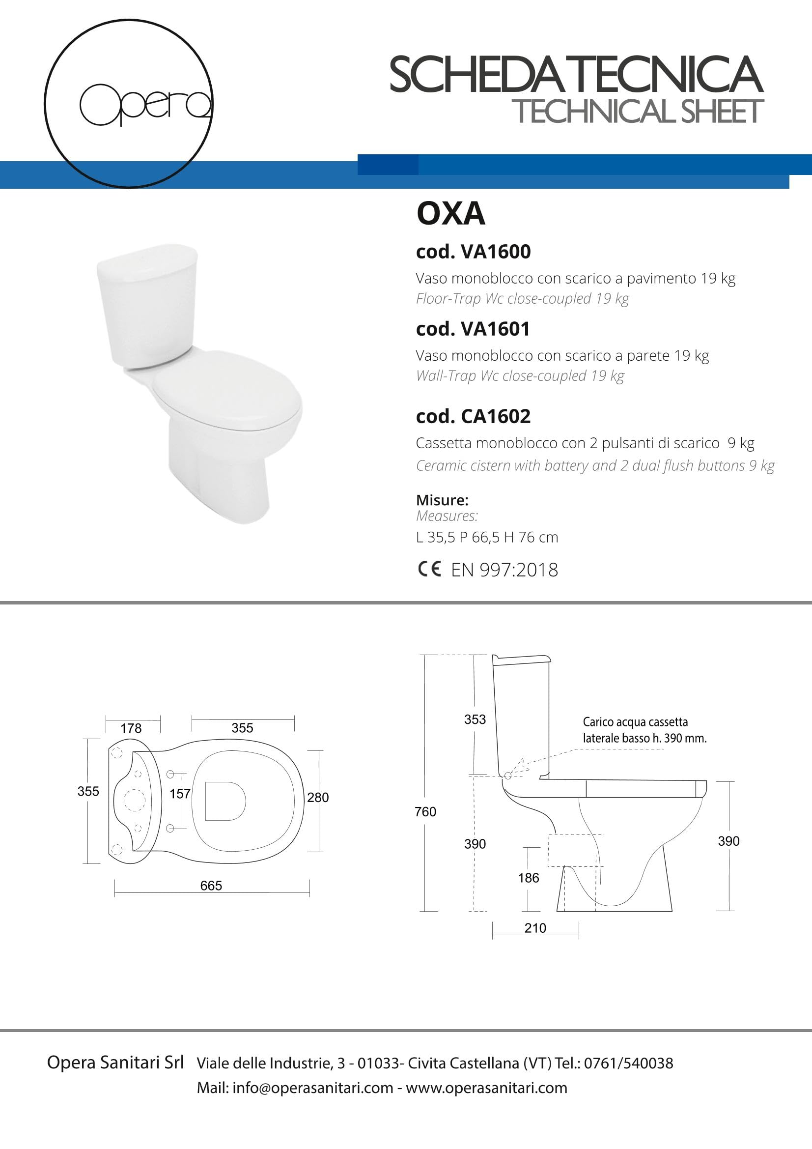 OPERA SANITARI Wc monoblocco scarico "P" a parete c/batteria scarico OXA