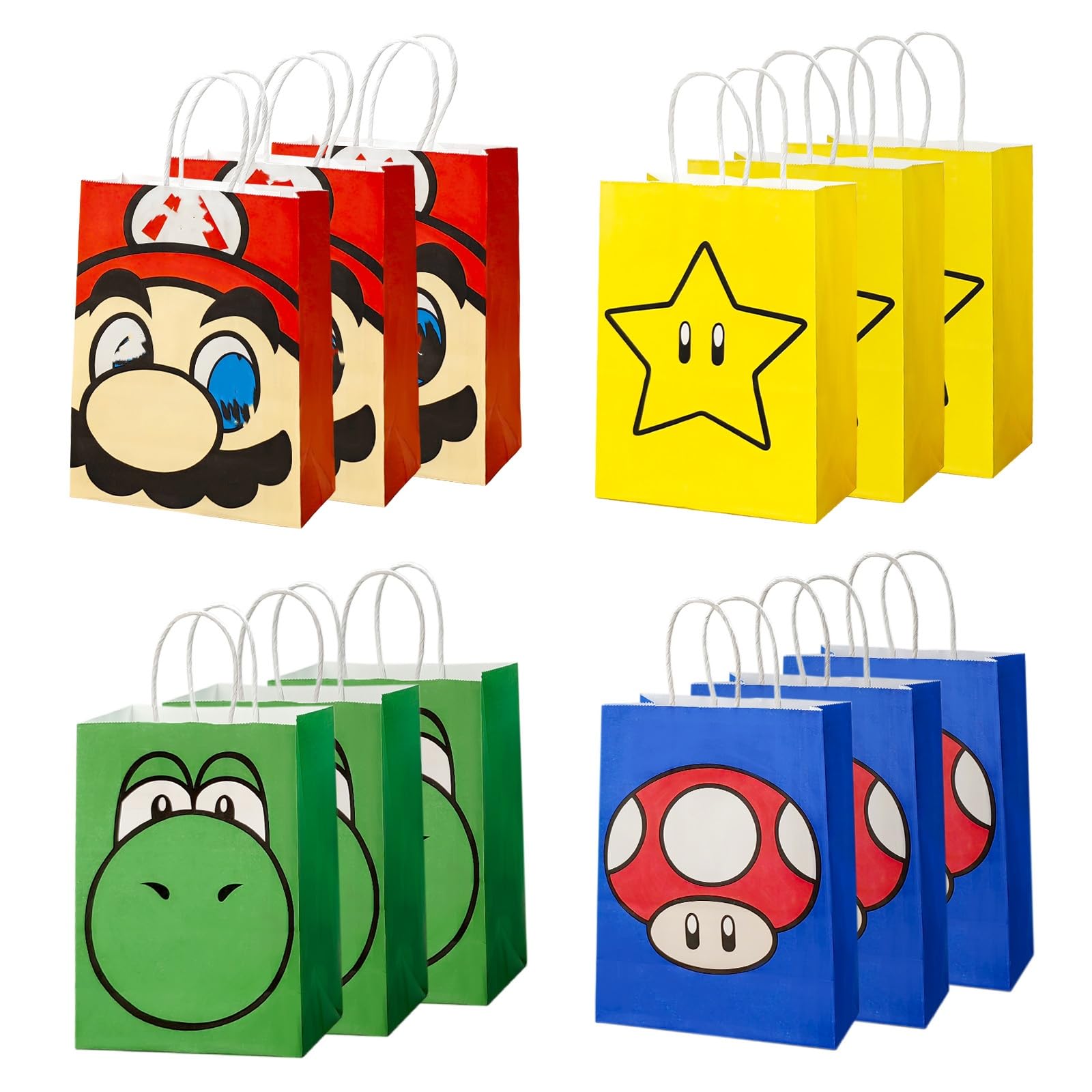 12 Pcs Cartoon Party Bags for Boys Girls, Super Bros Theme Paper Gift Bags for Kids, Candy Paper Bag with Handle, Reusable Birthday Candy Bag for Kids Party Favor Decorations