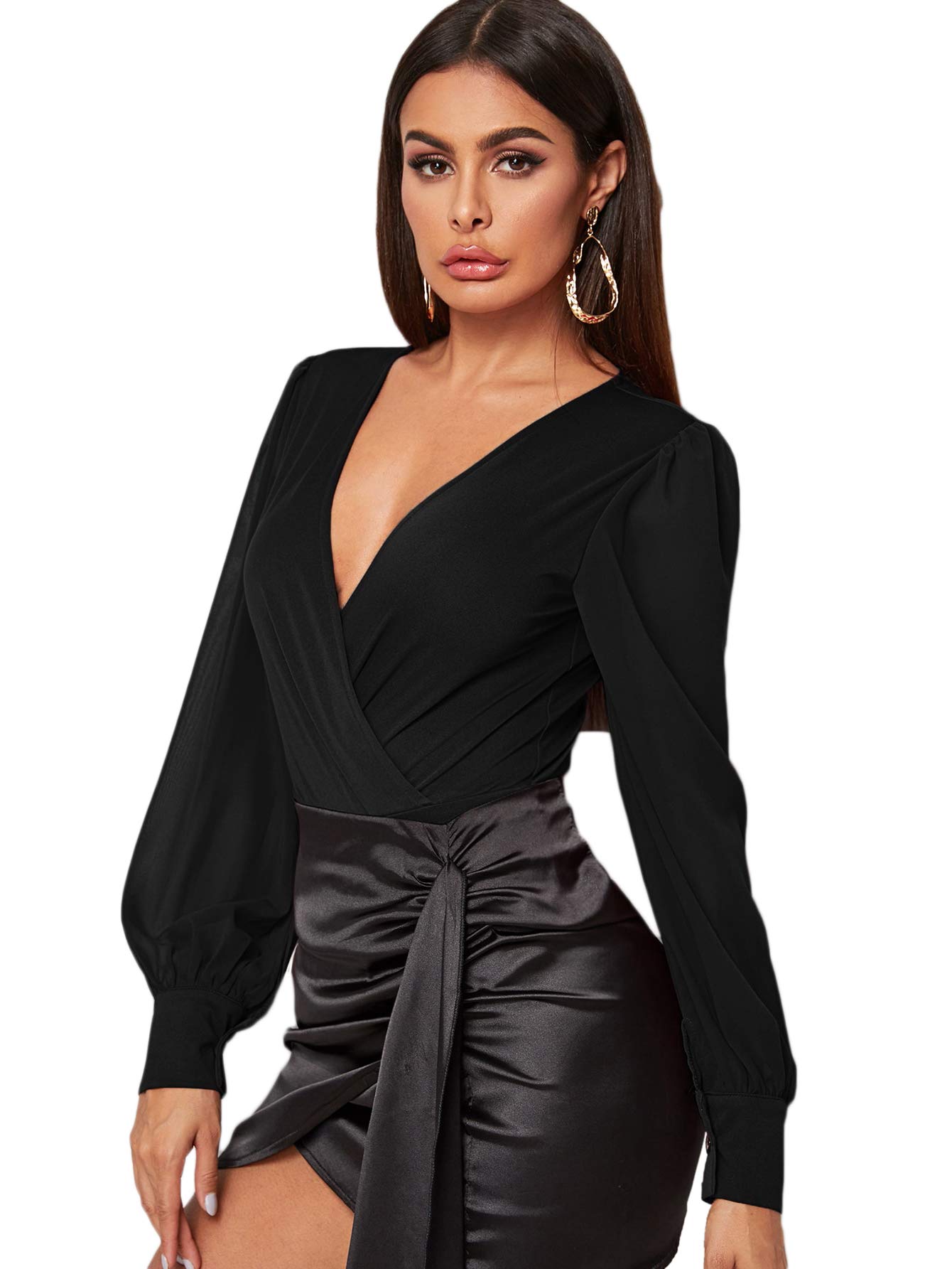 WDIRARAWomen's Deep V Neck Long Sleeve Solid Wrap Surplice Bodysuit