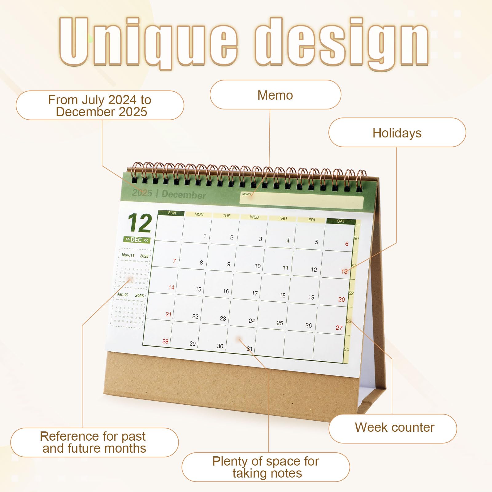 Calendrier De Bureau 2024-2025 - Format Rabat Debout 19x16 Cm - Juillet 2024 à Décembre 2025 - Espace Pour Notes - Idéal école, Bureau, Maison - Couleur Verte
