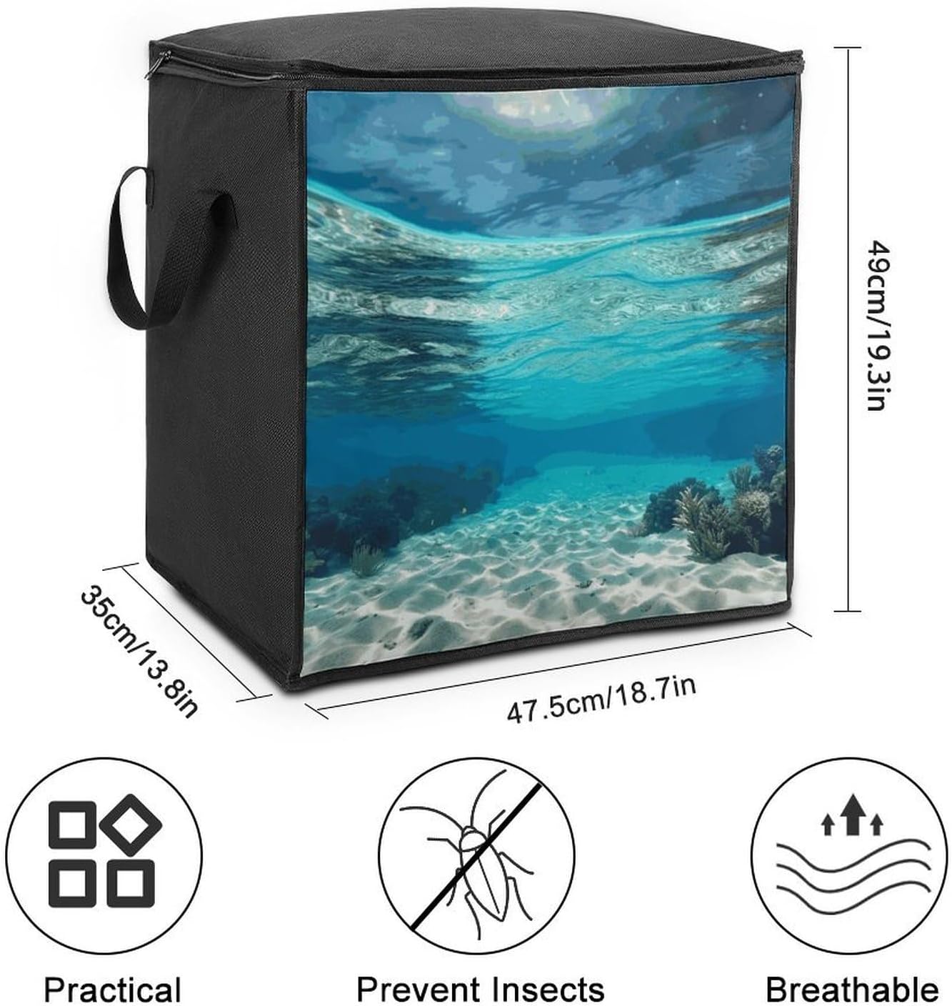 Underwater View of Tropical Beach Comforter Storage Bag with Lids And Handle Large Capacity Clothes Storage Bin Foldable Pillow Quilt Organizer Fashion Fabric Moving Bag for Wardrobe 70L