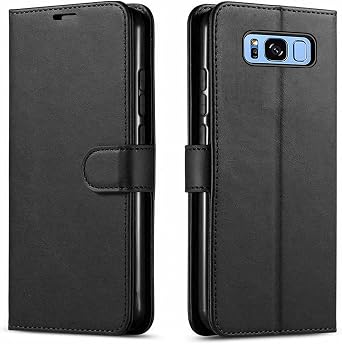 STARSHOP Compatible with Samsung Galaxy S8 Plus Case, with [Tempered Glass Screen Protector Included] PU Leather Wallet Shockproof Phone Cover Kickstand with Pocket Card Slots Magnet Closure -Black