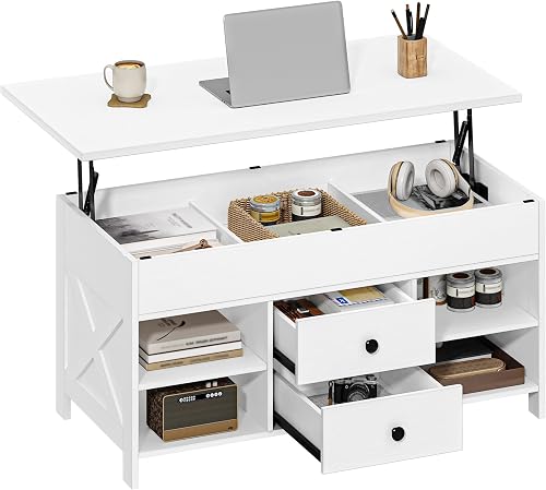 Hzuaneri Mesa de Centro Elevable, Mesa de Salón con 2 Cajones, 3 Compartimentos Ocultos, 4 Compartimentos Abierto, 50 x 100 x 45-61,3 cm, Blanco CT22113B