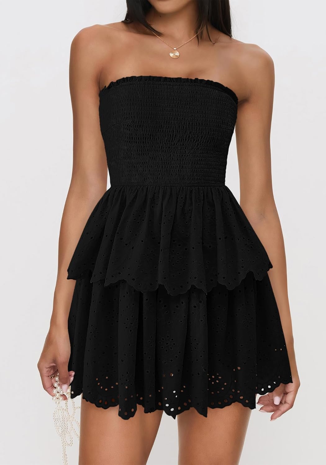 BTFBM Summer Dresses for Women 2025 Tube Strapless Mini Hollow Out Lace Wedding Guest Dress - Image 6