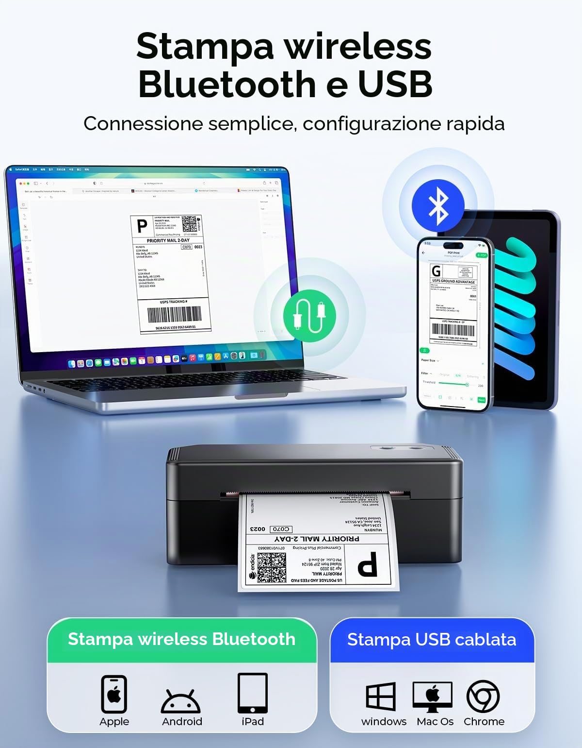 SVANTTO Stampante etichette spedizione Bluetooth 10x15cm, compatibile con e Bay, Etsy, Shopify, Compatibile con iOS, Android, macOS e Windows, Offre un’ampia libreria di etichette personalizzabili