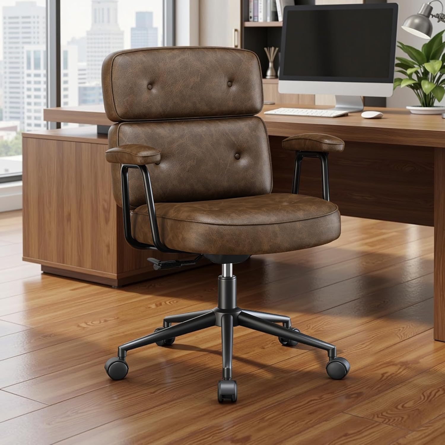 OLIXIS Ergonomic Home Office Desk Chair, PU Leather Computer Chair with Lumbar Support Adjustable Height Rolling Swivel Executive Task Armrests Chair, Modern Brown