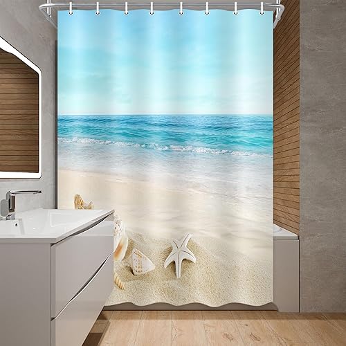 Miniatura 39 de JAWO Cortina de ducha con temática de playa con estrellas de mar, conchas tropicales, conchas de mar, escena costera hawaiana, vista al mar, sin