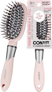 Conair Velvet Touch Cushion Hair Brush, Compact Travel Detangler Brush for Curly or Straight Styles, Flex Cushion Base for Stress-Free Brushing, Blush Pink