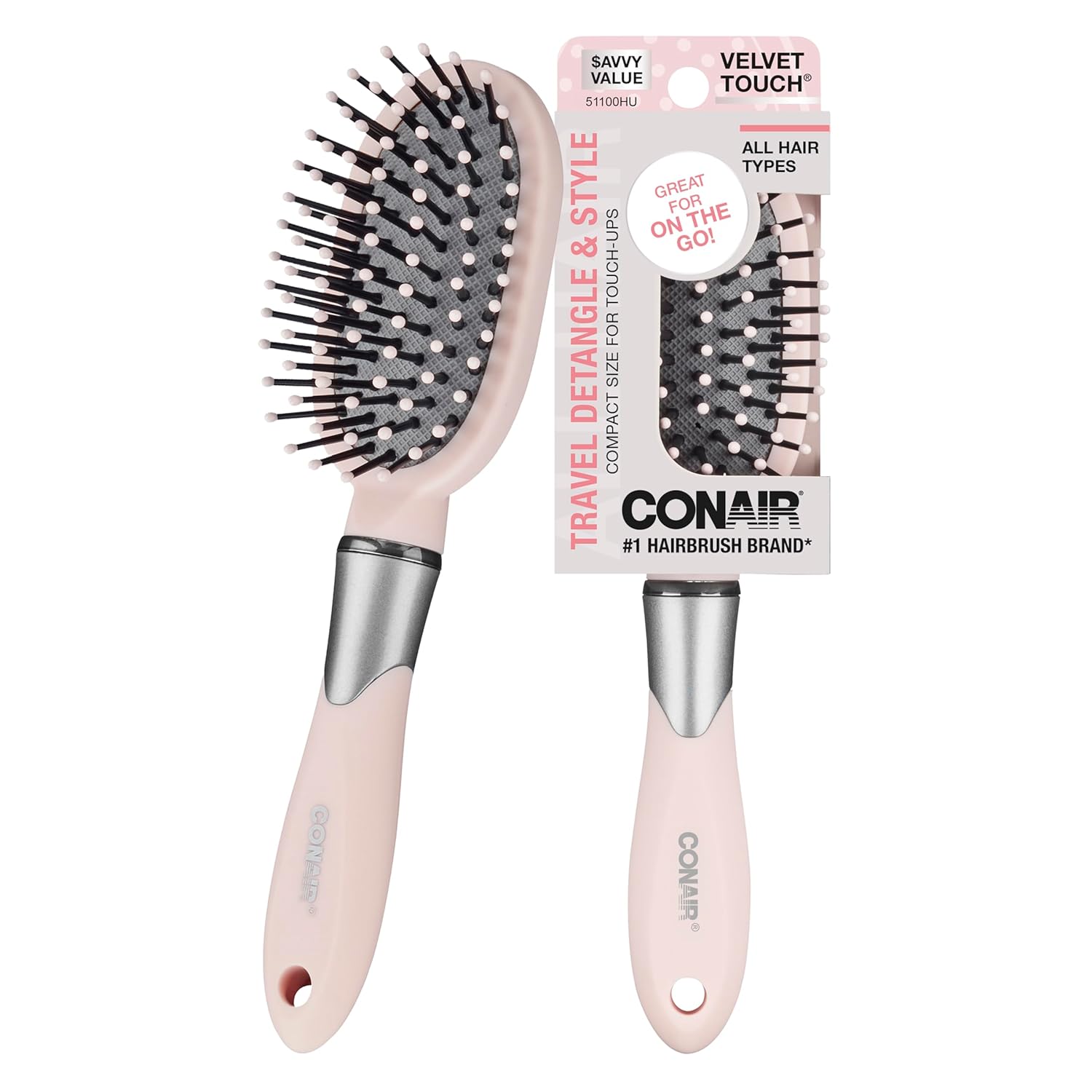 Conair Velvet Touch Cushion Detangler Hair Brush - Compact Travel Size for Curly & Straight Hair, Stress-Free Brushing, Blush Pink