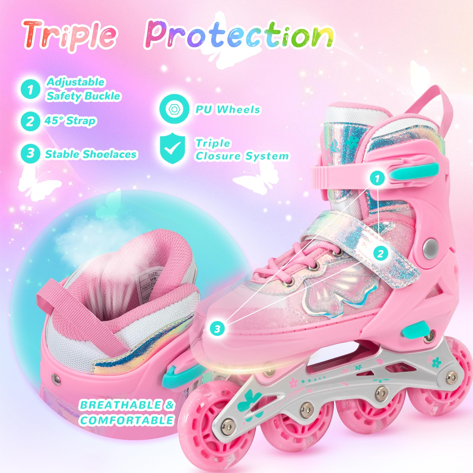 Nattork Patins à roues alignées pour filles et garçons – Lames rose cyan pour enfants de 8, 9, 10, 11 ans – Toutes roues lumineuses réglables pour sports d'intérieur et d'extérieur, cadeau