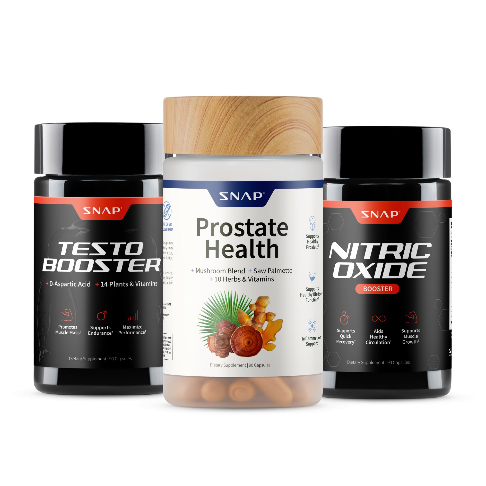 Snap Supplements Big Boy Bundle, Includes Prostate Health with Saw Palmetto for Men, Testo Booster for Men & Nitric Oxide Booster, 90 Capsules Each