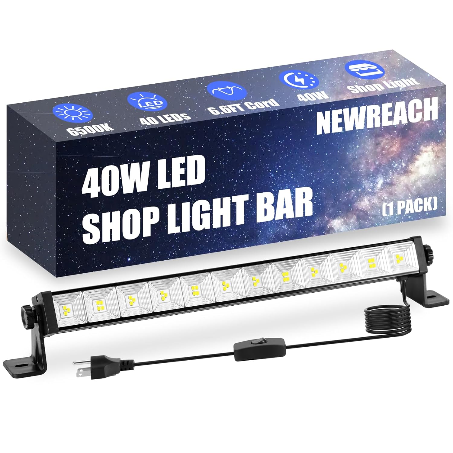 40W LED Shop Lights 4800LM 6500K Shop Light Bar with 6 6ft Cord Plug Switch Daylight White Work