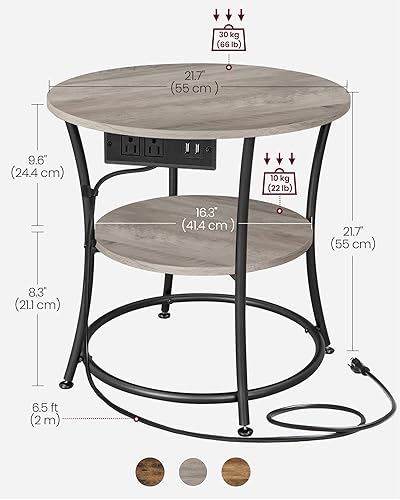Miniatura 9 de VASAGLE Mesa auxiliar, mesa auxiliar redonda con 2 estantes de almacenamiento para sala de estar, dormitorio, mesita de noche con marco de acero