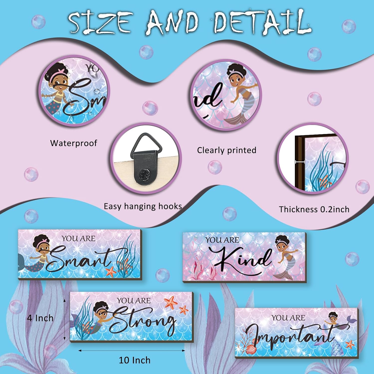 FENCORDAR 4 Pcs Mermaid Wall Art Black Girl Bathroom Decor Wooden Mermaid Room Decor Inspirational Sign with Motivational Quote Decor for Teen Girl Women Bedroom Birthday Gifts(Black 10X4)
