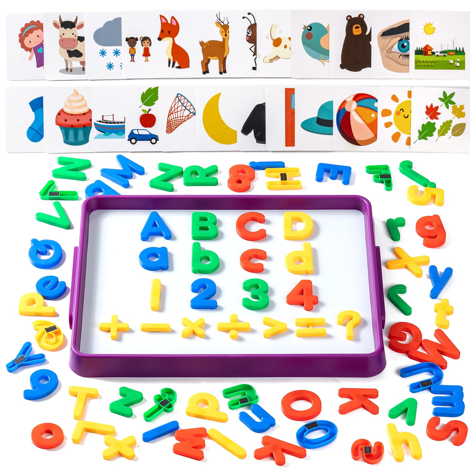 Magnetic Tray with 95 Magnetic Letters &amp; 36 Alphabet Flash Cards – Kids Dry Erase Board, Magnetic Board for Kids &amp; Classroom Learning Tool (Purple)
